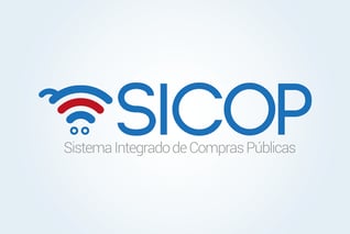 Logotipo de SICOP con texto en azul y símbolo de señal en rojo y azul representando conectividad