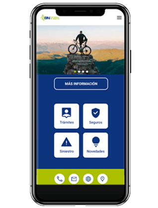 Pantalla de un teléfono móvil mostrando la aplicación de BN Seguros con botones de trámites, seguros, siniestros y novedades.