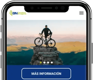 Vista de la aplicación móvil de BN Corredora de Seguros en un teléfono inteligente, mostrando banner con persona en bicicleta sobre una roca y botón de más información