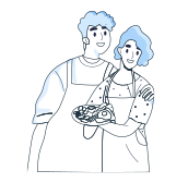 Ilustración de una pareja de emprendedores con delantales mostrando un plato de comida.